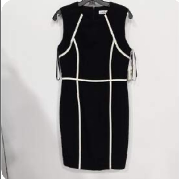 NEW CALVIN KLEIN BODYCON BLACK WITH WHITE PIPING SHEATH DRESS SZ 6 PANEL - Picture 4 of 9